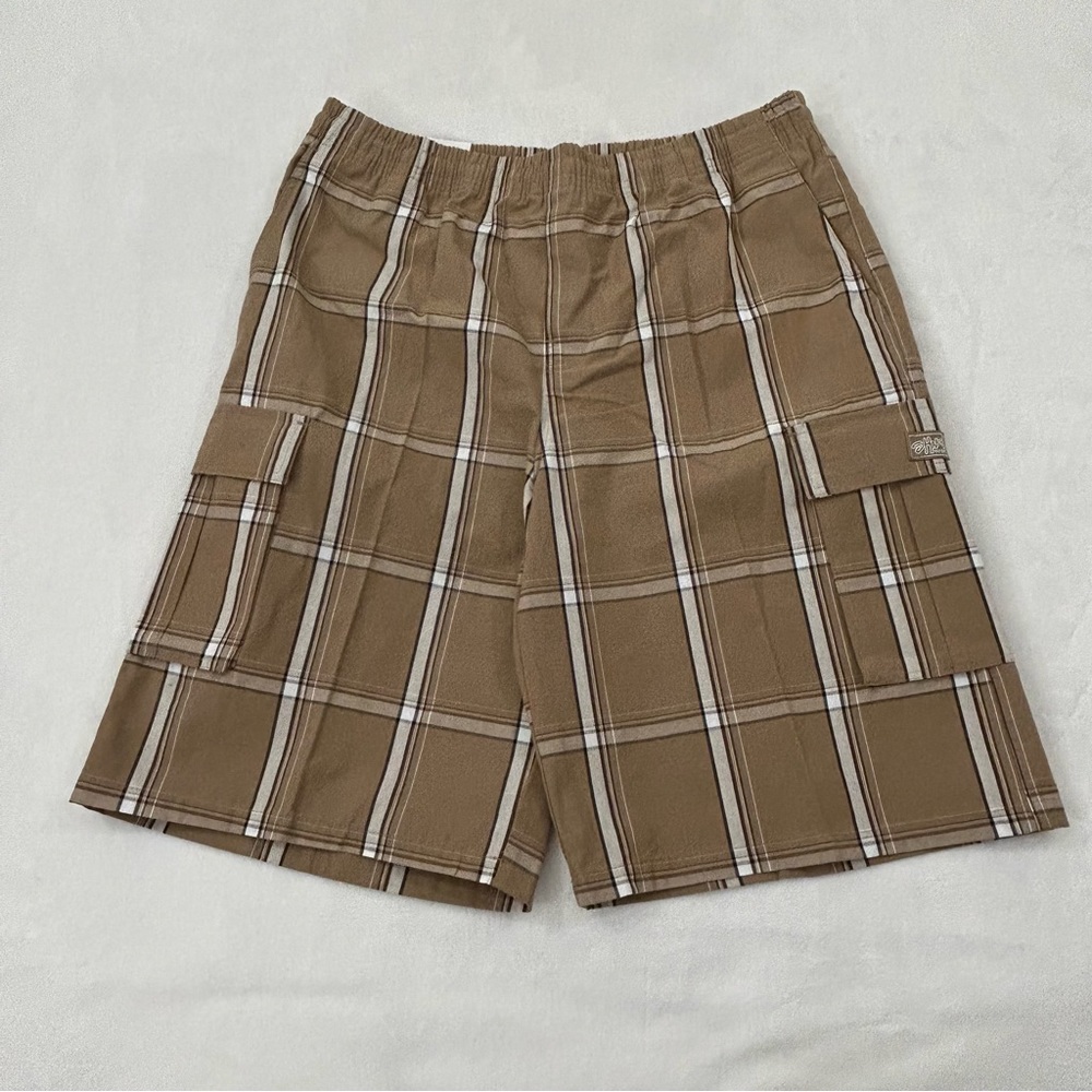 Shaka Wear Khaki Plaid Relaxed Fit Casual Cargo Hybrid Baggy Shorts Pants Men’s